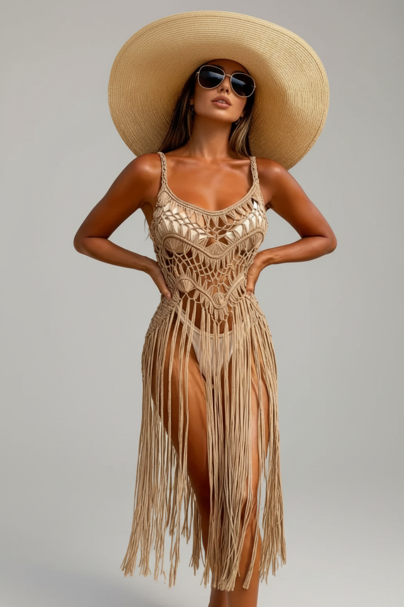Vestito copricostume da donna all'uncinetto con frange, strato da spiaggia