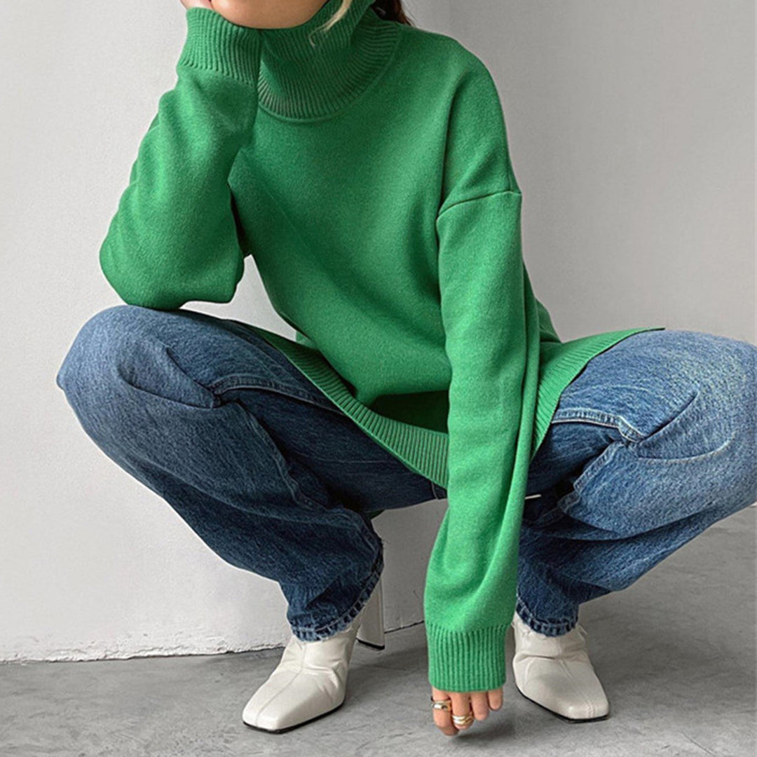 Women’s Turtleneck Sweater Relaxed Fit Side Split Knit Top