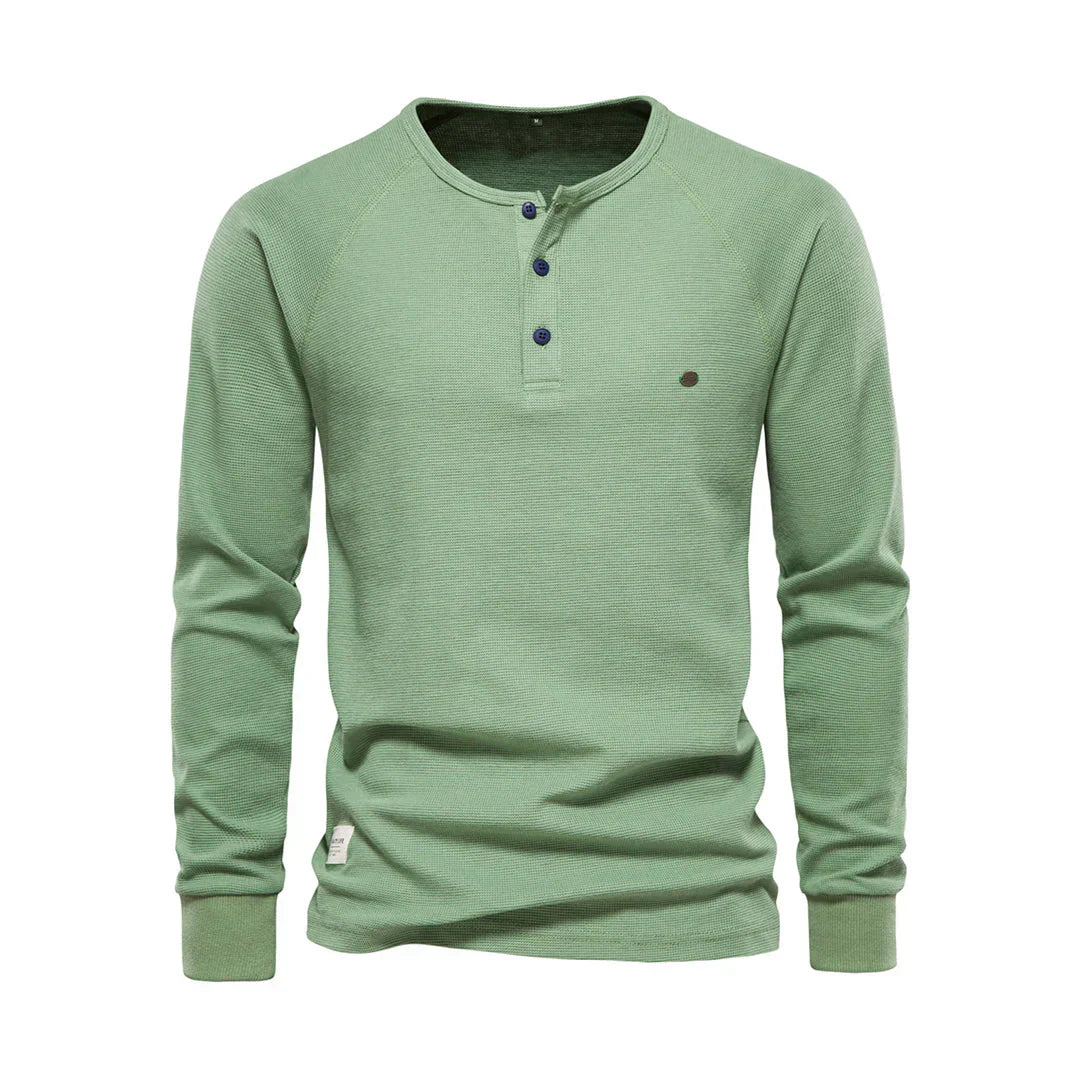 Camiseta Henley para hombre, manga larga, cuello con botones, casual
