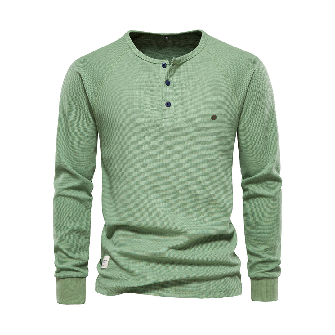 Men’s Long Sleeve Henley Shirt Waffle Texture Casual Fit