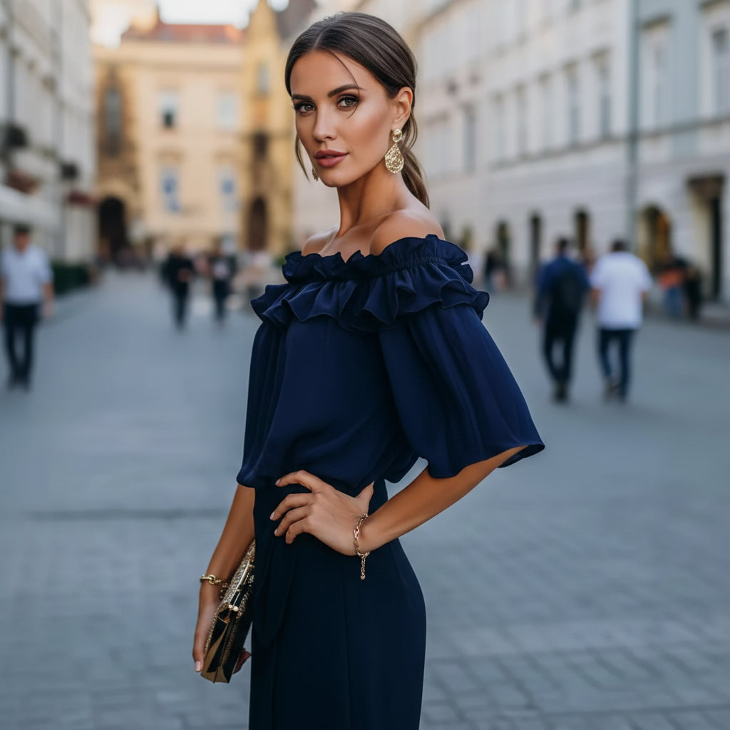 Women’s Off Shoulder Ruffle Blouse Relaxed Short Sleeve Top