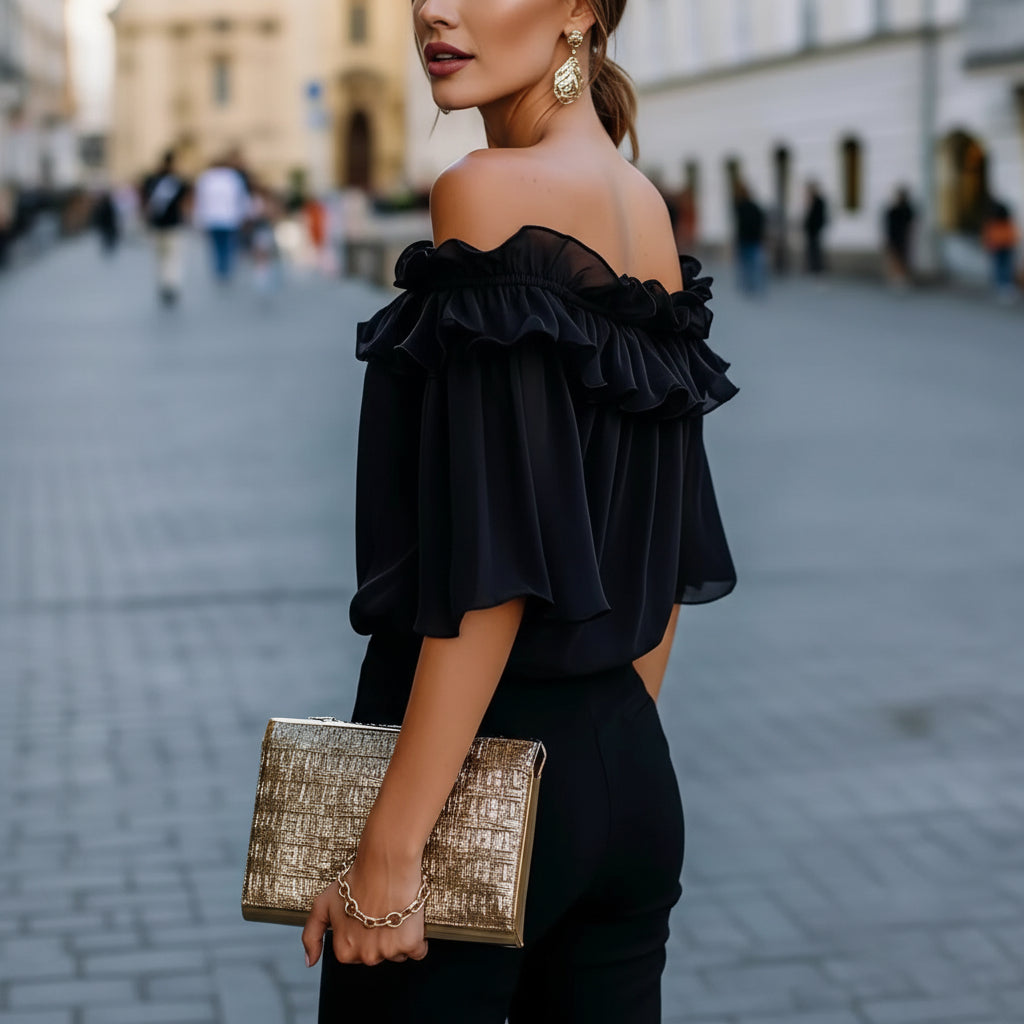 Women’s Off Shoulder Ruffle Blouse Relaxed Short Sleeve Top