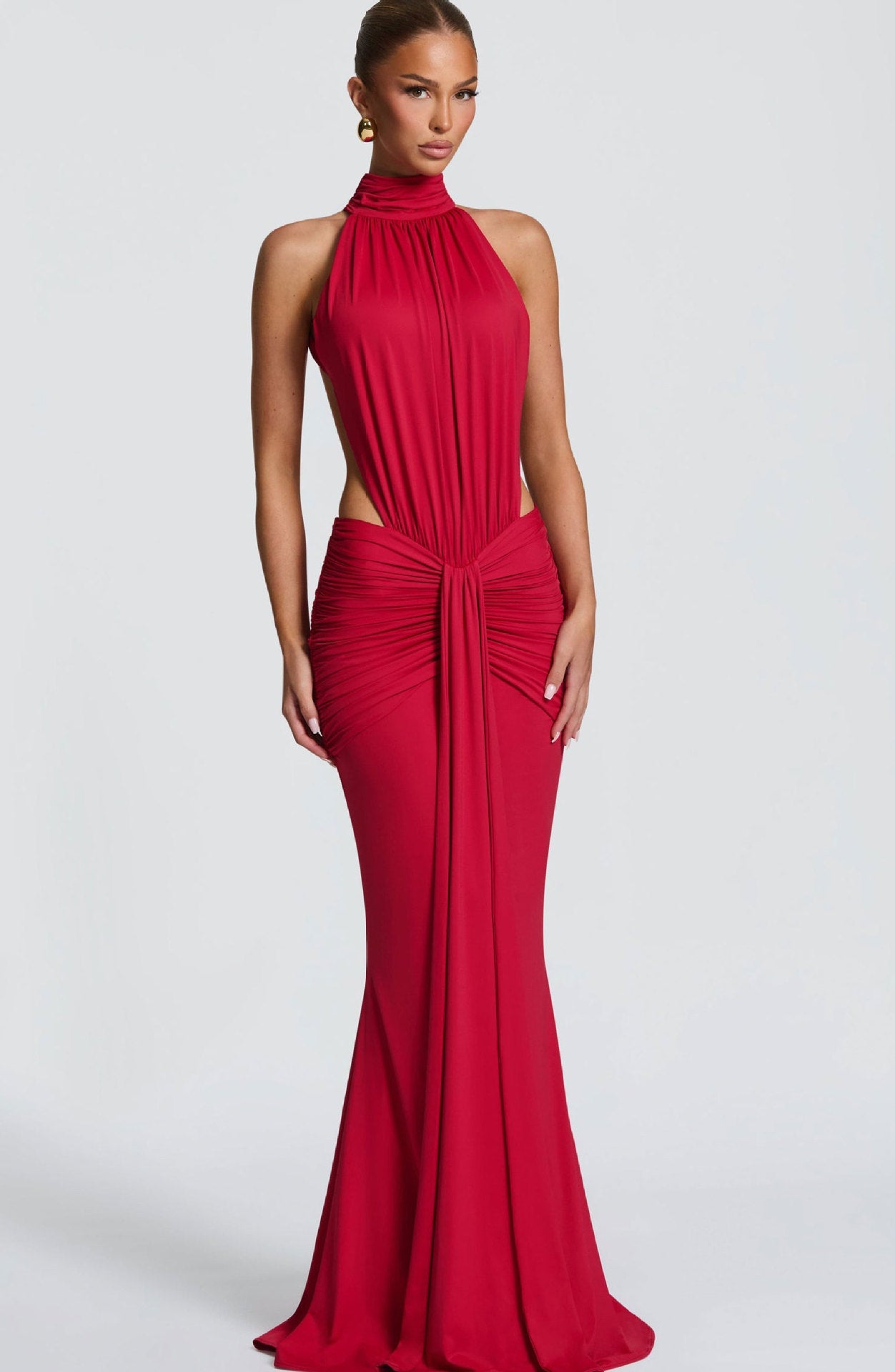 Women’s Halter Maxi Dress with Ruched Cut Out Waist