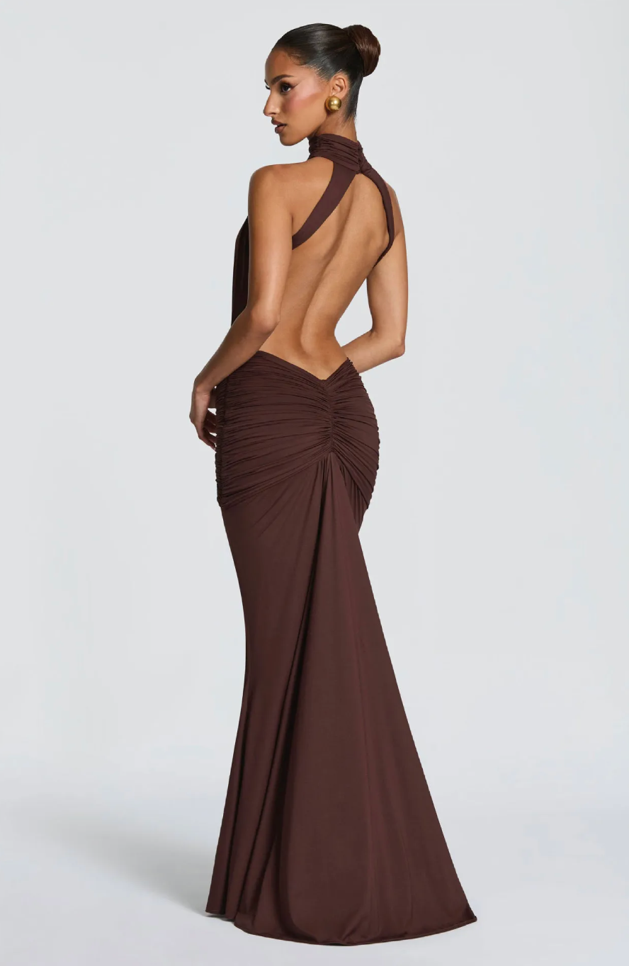 Women’s Halter Maxi Dress with Ruched Cut Out Waist