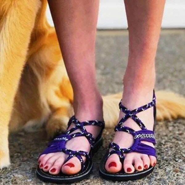 Dámské boho sandály s tkanými pásky – ploché boty s pletenými provazovými pásky a polstrovanou stélkou pro léto, pláž a volný čas
