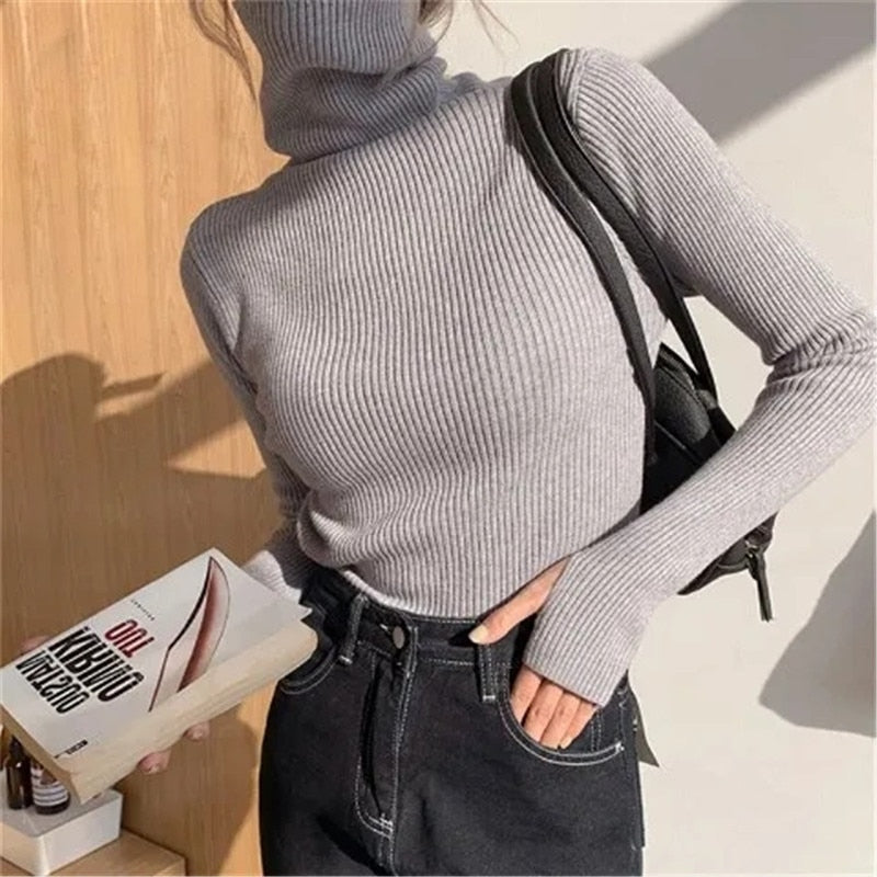 Women’s Ribbed Turtleneck Jumper Soft Stretch Knit Slim Fit Pullover