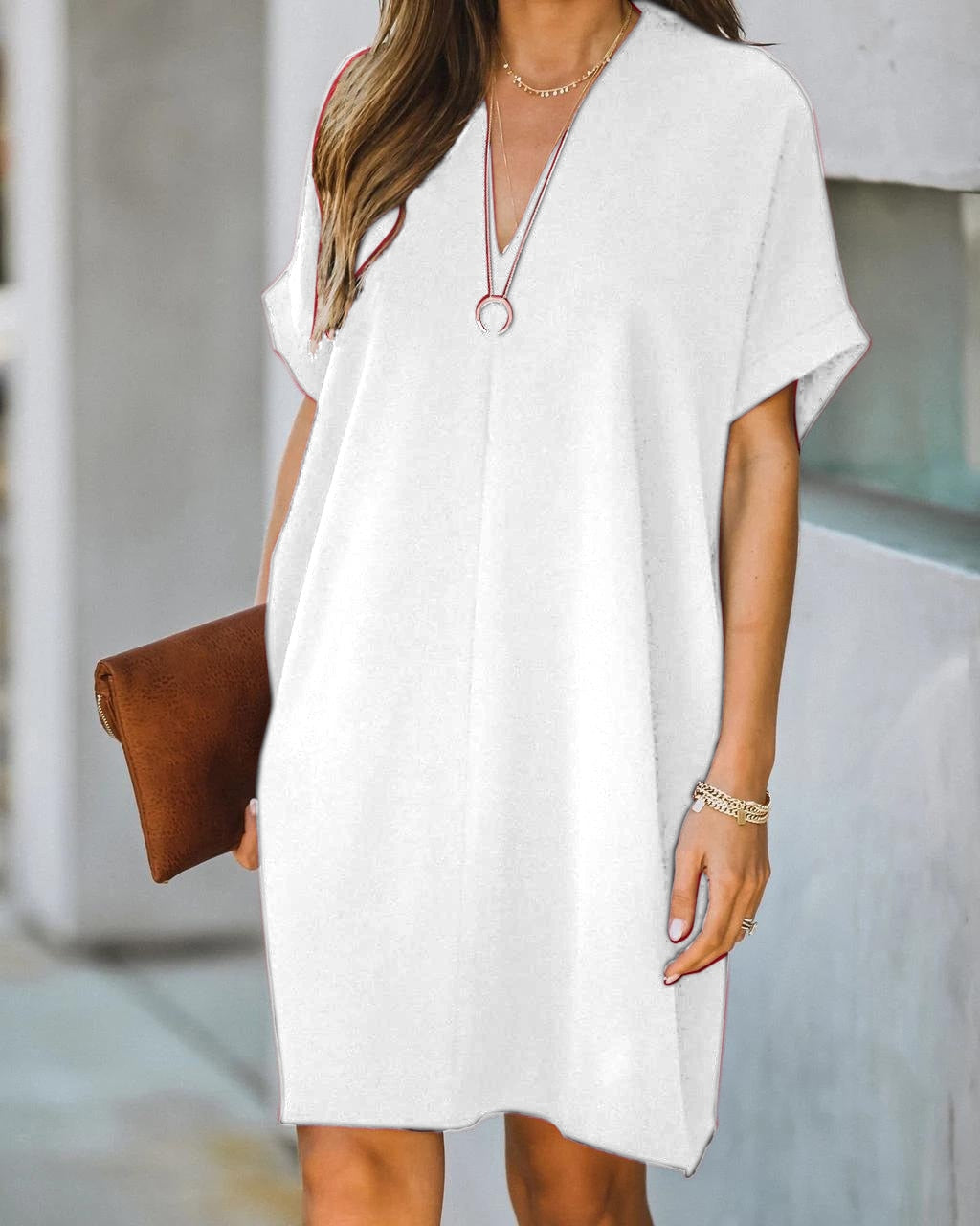 Vestido túnica relajado para mujer con cuello en V, ajuste suelto y minimalista