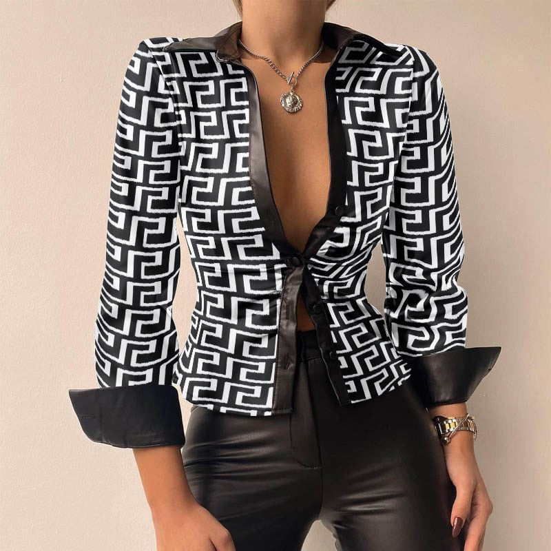 Ženska kožna košulja od PU-a s vezanjem sprijeda – elegantan model dugih rukava za večernje prigode