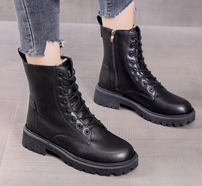 Damen-Winterstiefeletten aus Leder mit Schnürung – Warme Schuhe mit seitlichem Reißverschluss und klobiger Sohle für lässige Alltagslooks, Stadtspaziergänge, Herbst-Outfits und winterliches Styling bei kaltem Wetter