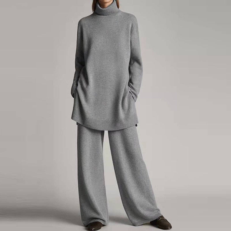 Women’s Relaxed Turtleneck Set – Stretch Cotton Blend Wide-Leg Loungewear for Autumn and Winter