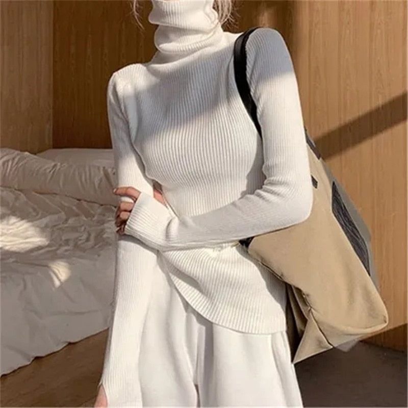 Women’s Ribbed Turtleneck Jumper Soft Stretch Knit Slim Fit Pullover