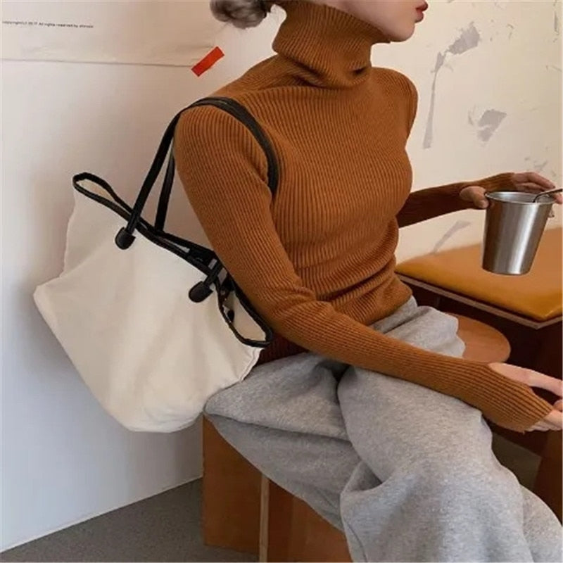 Women’s Ribbed Turtleneck Jumper Soft Stretch Knit Slim Fit Pullover