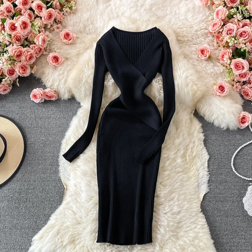 Women’s Ribbed Knit Bodycon Midi Dress – Crossed Neckline Long Sleeve Occasion Style