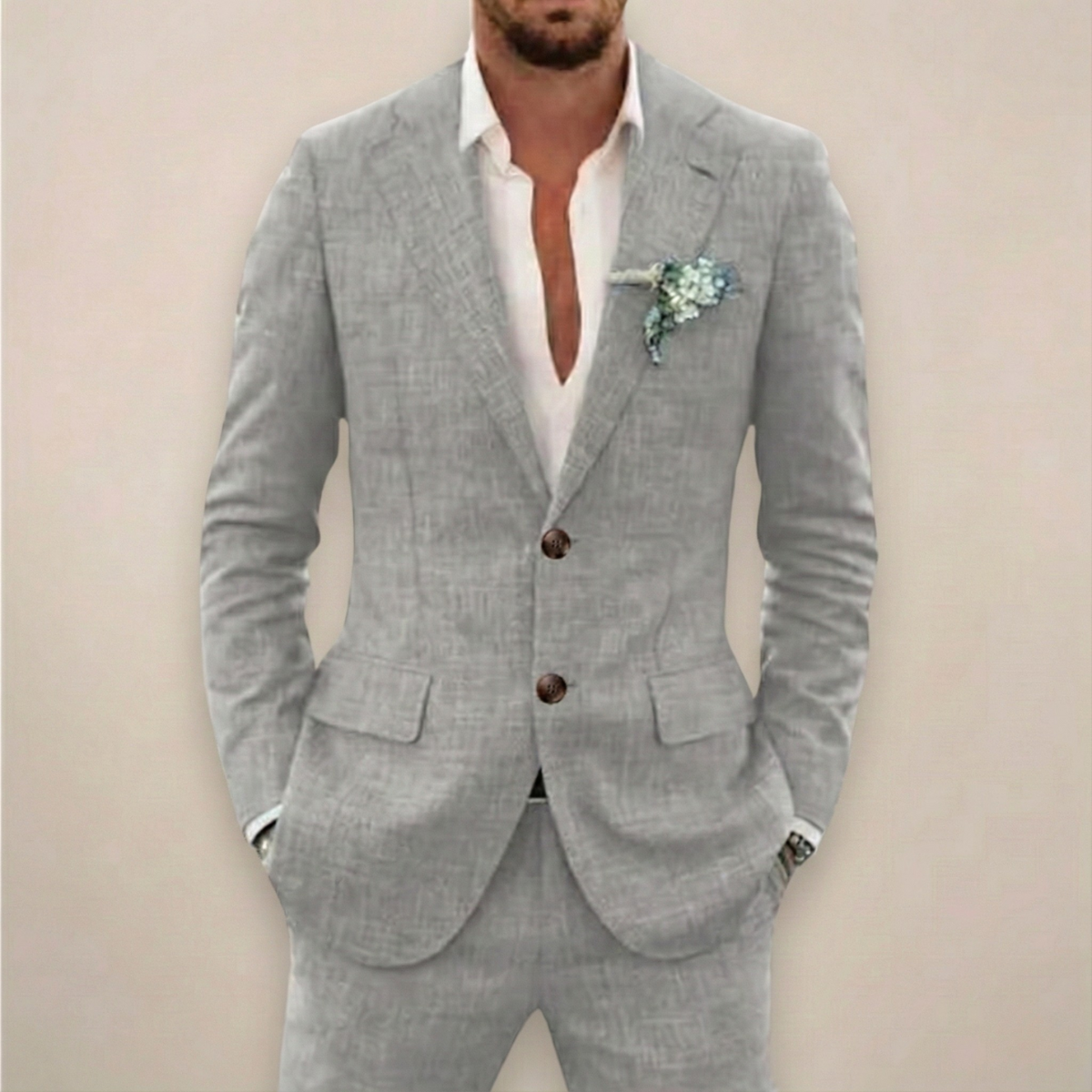 Fato de verão masculino de duas peças – fato elegante formal de abotoamento simples para receções e eventos empresariais