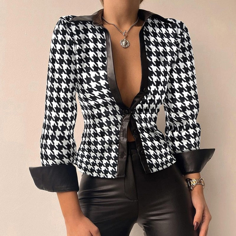 Ženska kožna košulja od PU-a s vezanjem sprijeda – elegantan model dugih rukava za večernje prigode