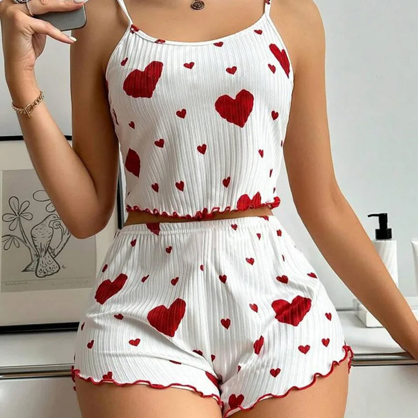 Damescamisole met hartjesprint en ribstructuur en short - Leuke cropped tweedelige loungewear voor de zomer en dagelijks comfort