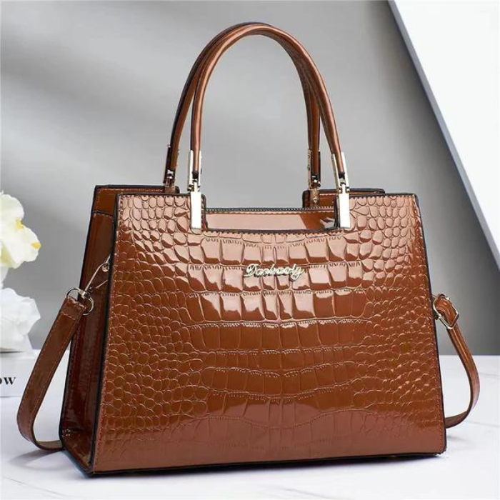 Bolso de mano de cuero sintético brillante para mujer con asas dobles y correa para el hombro – Bolso estructurado con cierre superior para el día a día