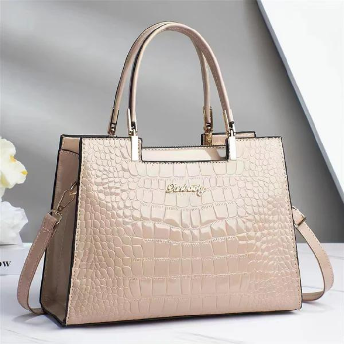 Bolso de mano de cuero sintético brillante para mujer con asas dobles y correa para el hombro – Bolso estructurado con cierre superior para el día a día
