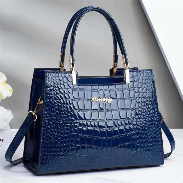 Bolso de mano de cuero sintético brillante para mujer con asas dobles y correa para el hombro – Bolso estructurado con cierre superior para el día a día