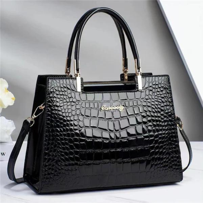 Bolso de mano de cuero sintético brillante para mujer con asas dobles y correa para el hombro – Bolso estructurado con cierre superior para el día a día