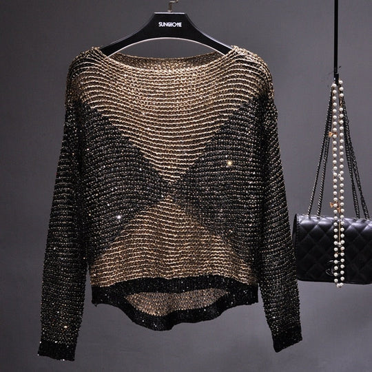 Doorschijnende damesblouse met pailletten en lange mouwen – wijde ronde hals en losse pasvorm voor een avondlook