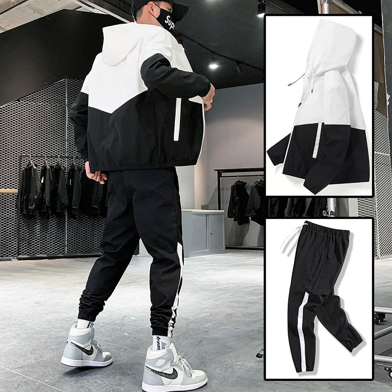Męski dwuczęściowy dres casualowe spodnie dresowe i bluza sportowa z kapturem Zestaw wygodnej odzieży ulicznej Hip-hopowy strój do biegania