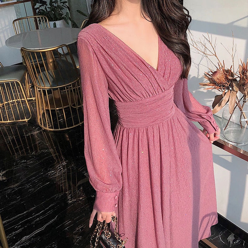 Women’s Glitter Evening Dress Long Sleeve Flowing Maxi Fit