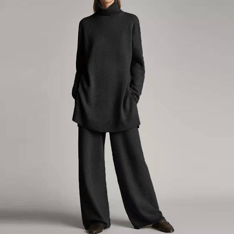 Women’s Relaxed Turtleneck Set – Stretch Cotton Blend Wide-Leg Loungewear for Autumn and Winter