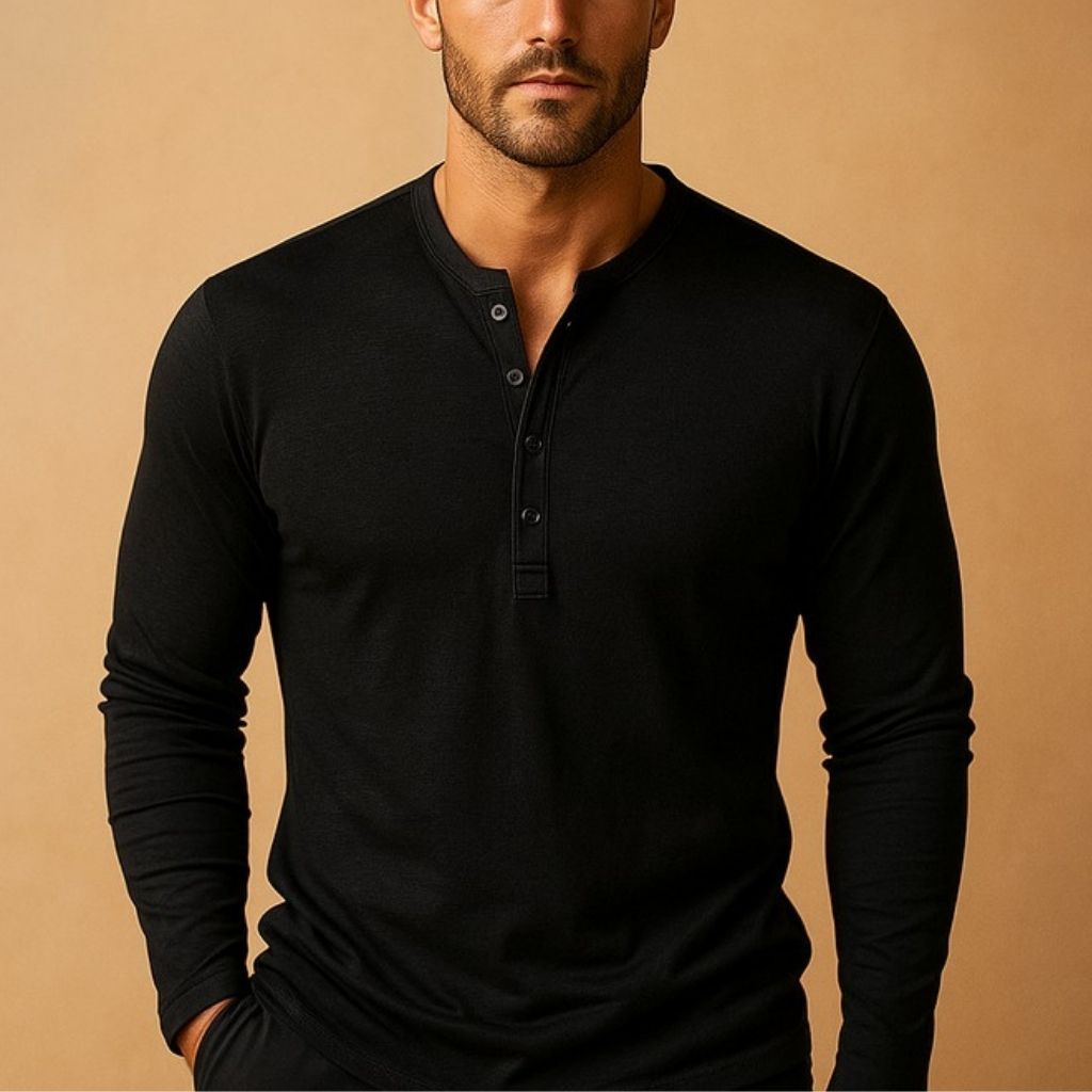 Cămașă casual pentru bărbați, croială slim, mânecă lungă, tip Henley