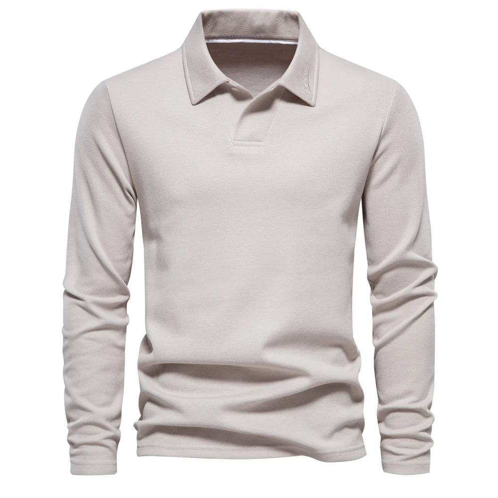 Pánské pletené polo tričko s dlouhými rukávy – elegantní model s otevřeným límcem do kanceláře i pro smart casual styl