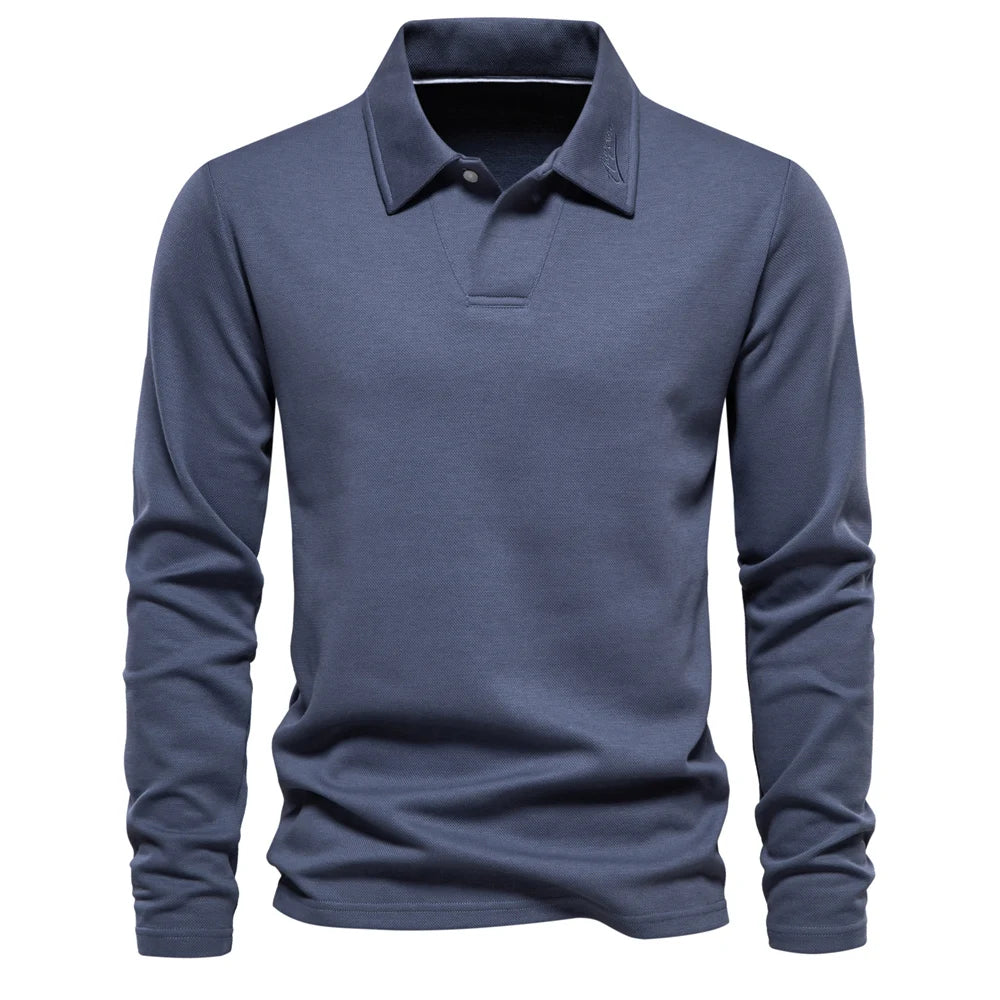 Pánské pletené polo tričko s dlouhými rukávy – elegantní model s otevřeným límcem do kanceláře i pro smart casual styl