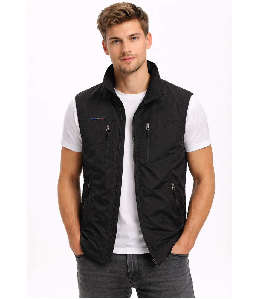 Chaleco exterior para hombre con cremallera frontal y cuello alto