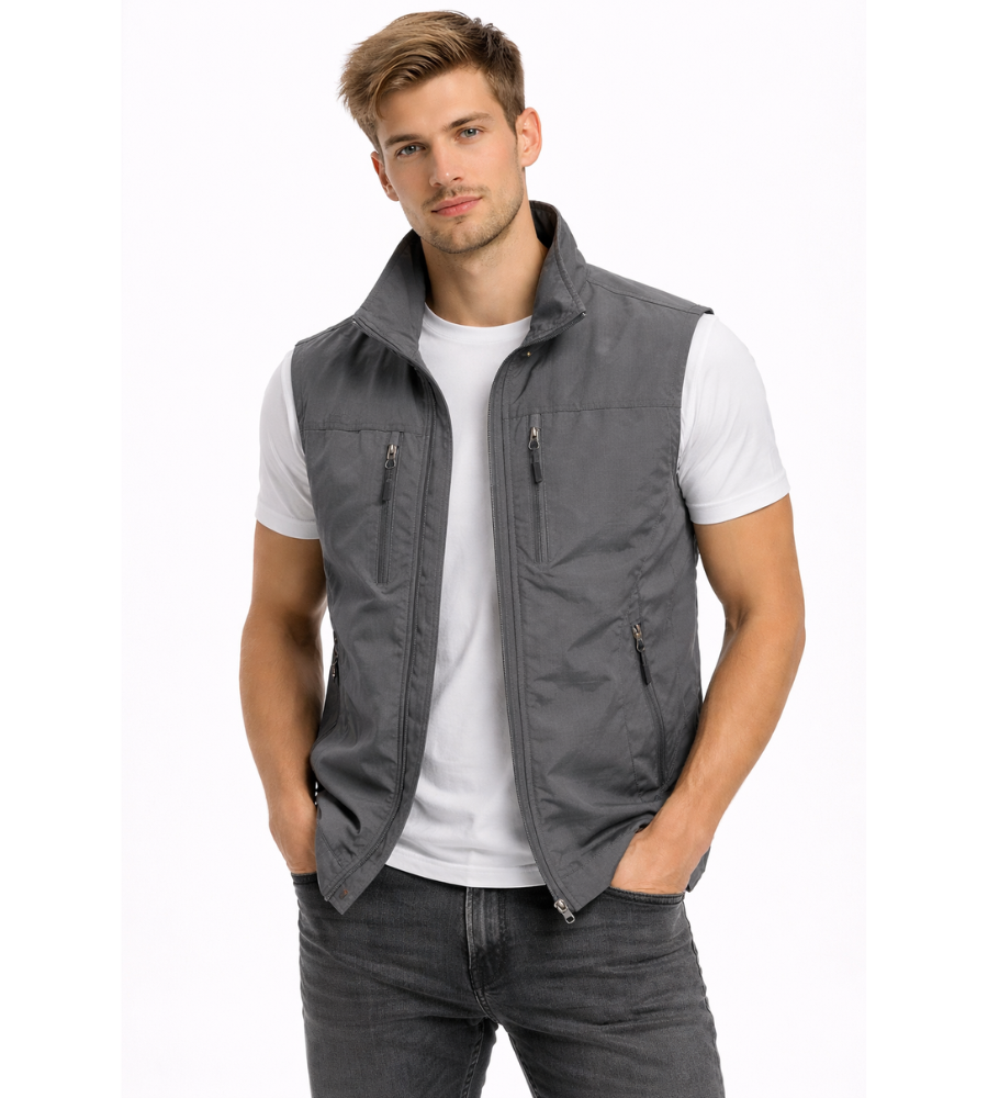 Chaleco exterior para hombre con cremallera frontal y cuello alto