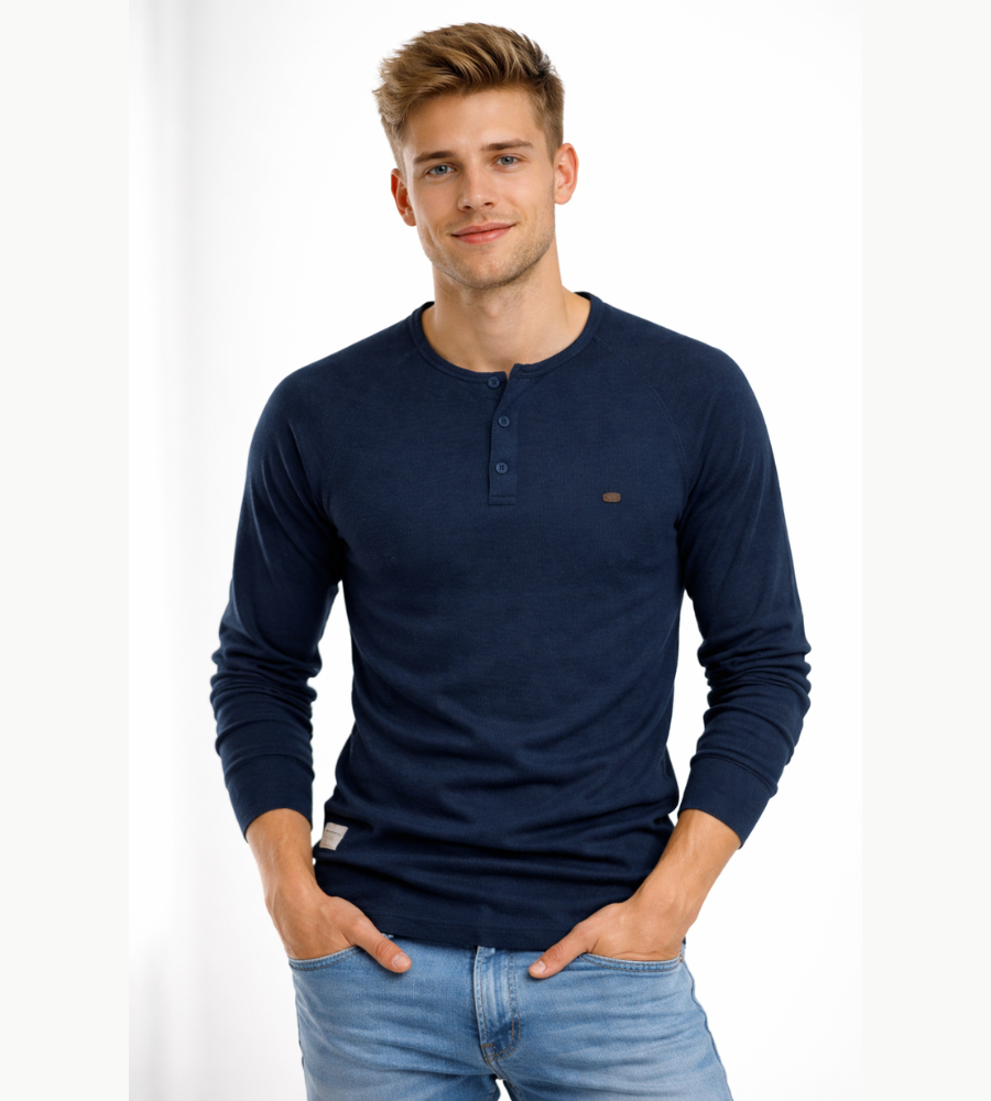Camiseta Henley para hombre, manga larga, cuello con botones, casual