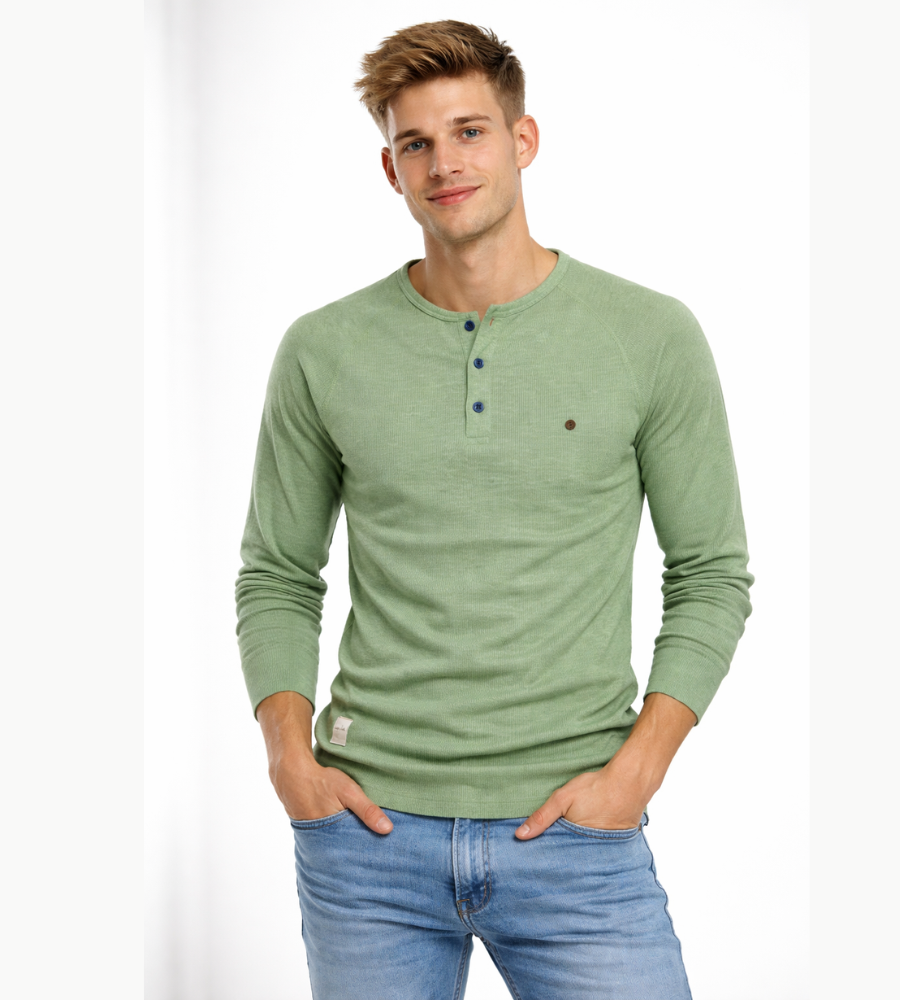 Camiseta Henley para hombre, manga larga, cuello con botones, casual
