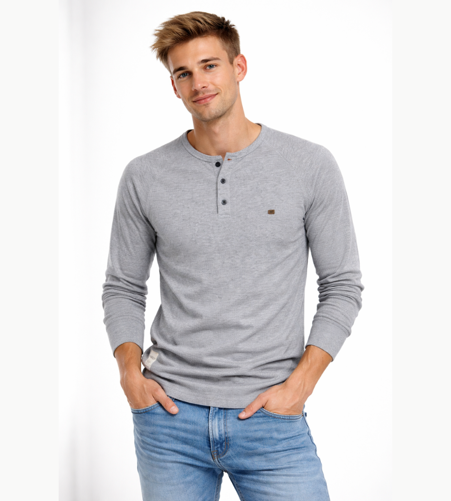 Camiseta Henley para hombre, manga larga, cuello con botones, casual