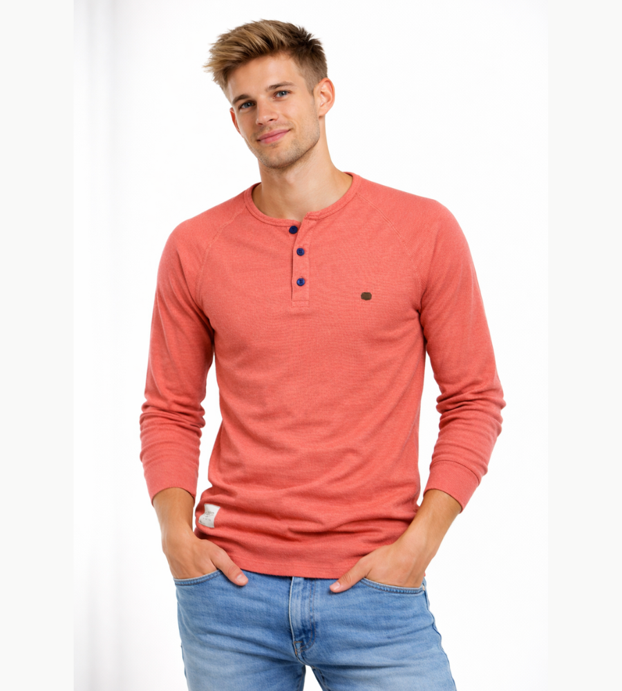 Camiseta Henley para hombre, manga larga, cuello con botones, casual