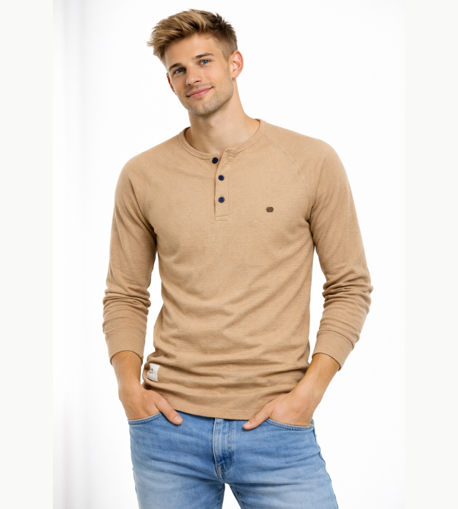 Camiseta Henley para hombre, manga larga, cuello con botones, casual