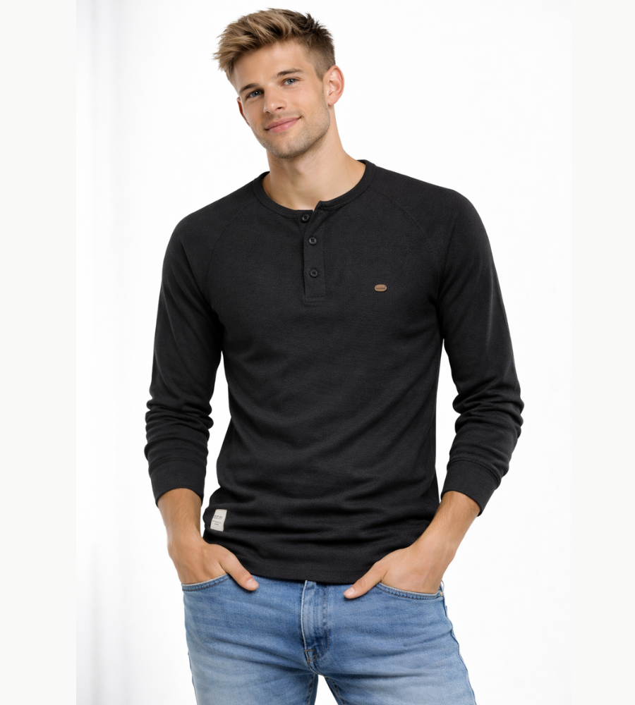 Camiseta Henley para hombre, manga larga, cuello con botones, casual