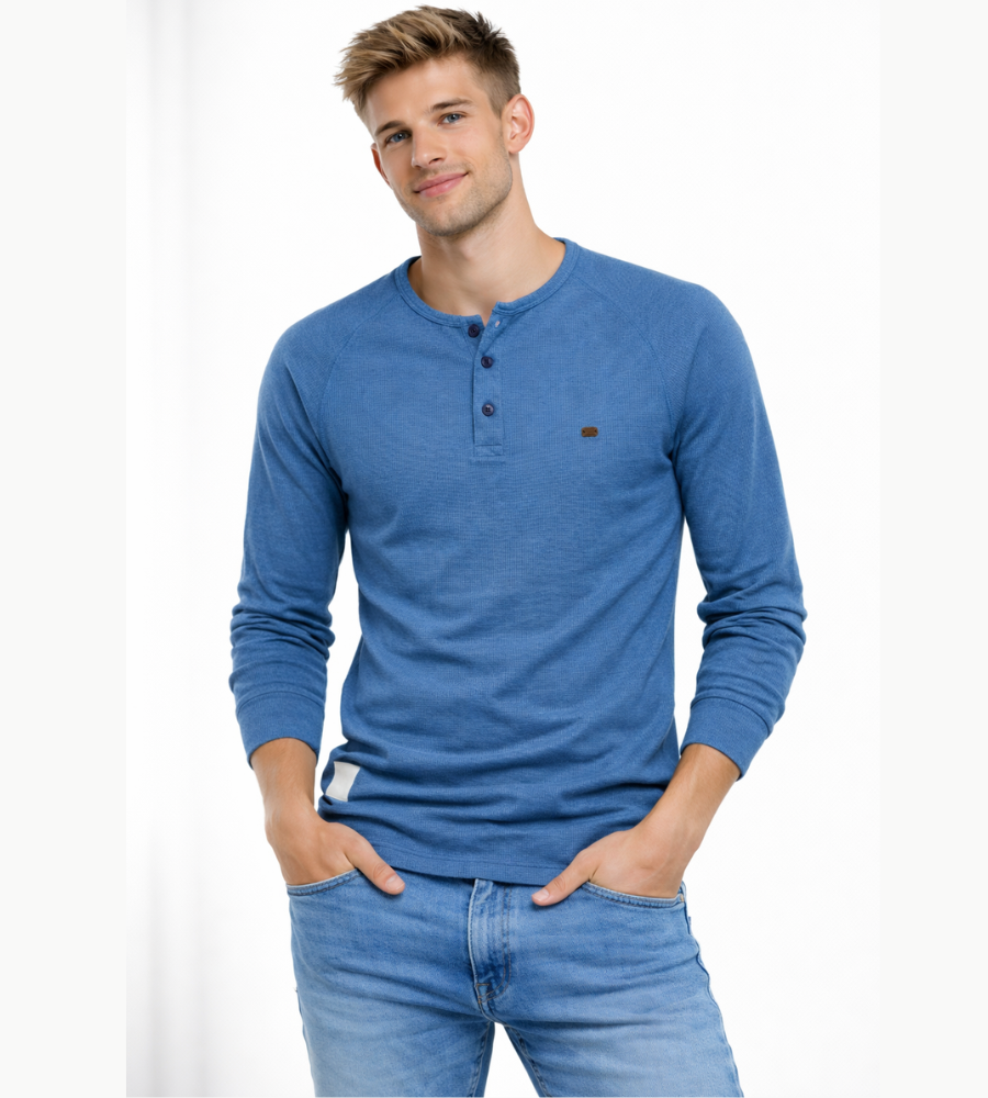 Camiseta Henley para hombre, manga larga, cuello con botones, casual