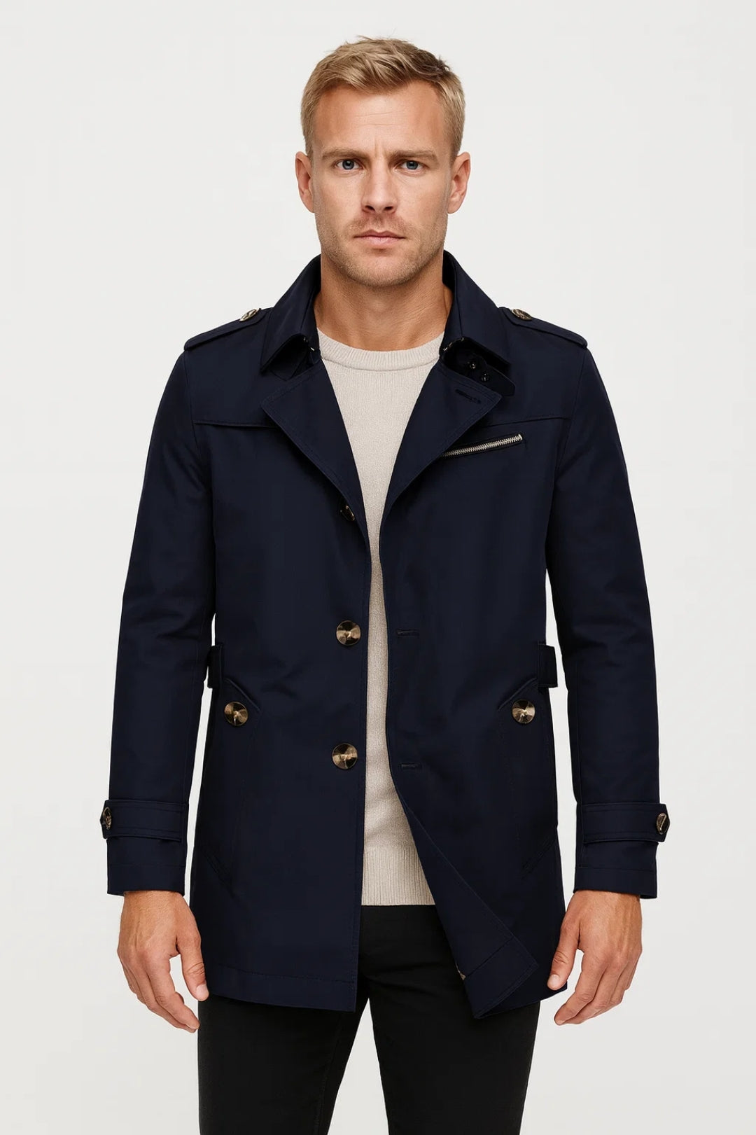 Men’s Short Trench Coat with Notched Lapel and Double Button Closure – Classic Smart Casual Outerwear