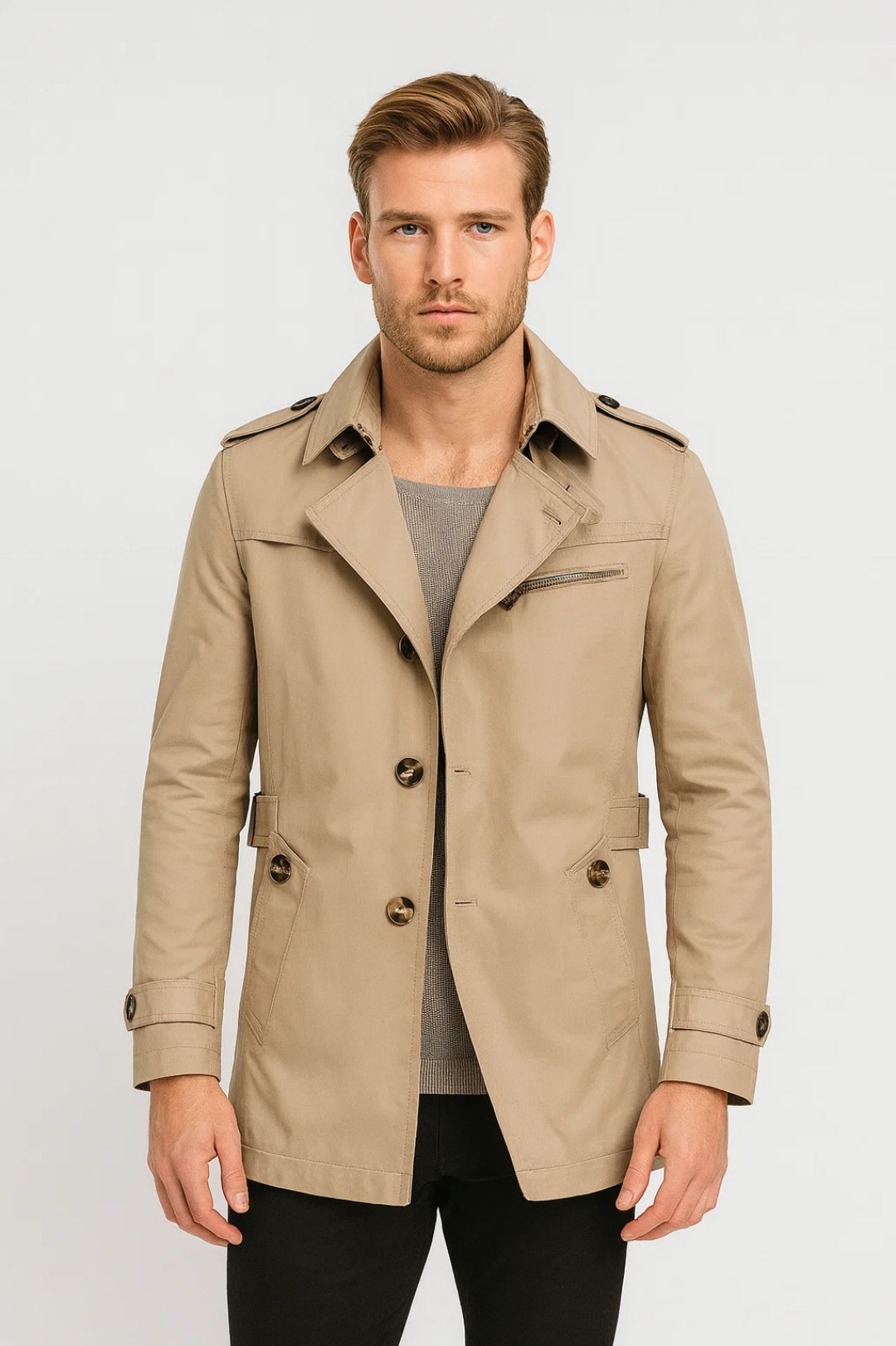 Men’s Short Trench Coat with Notched Lapel and Double Button Closure – Classic Smart Casual Outerwear