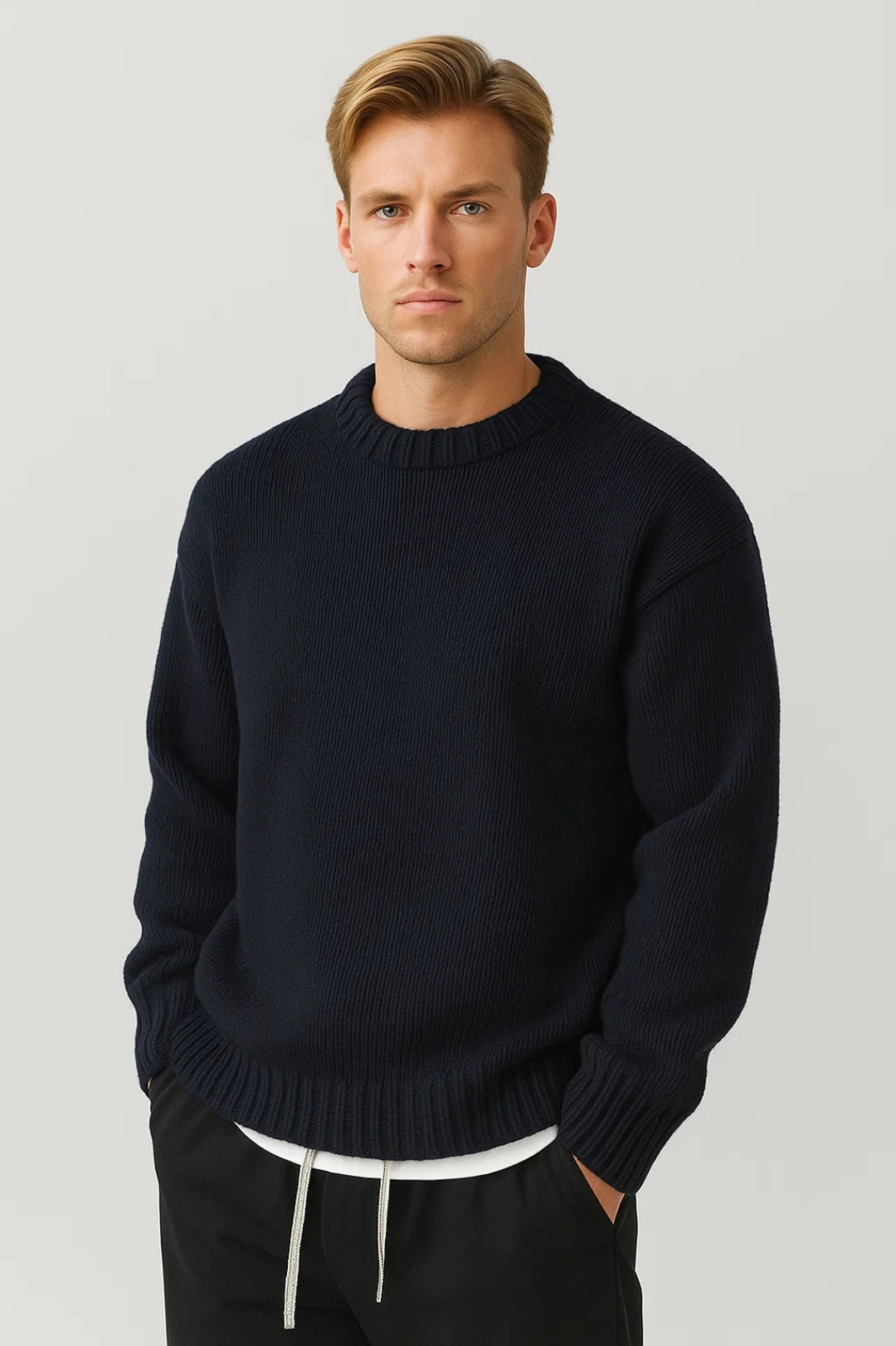 Suéter de punto grande para hombre – Jersey casual de cuello redondo cómodo para uso diario