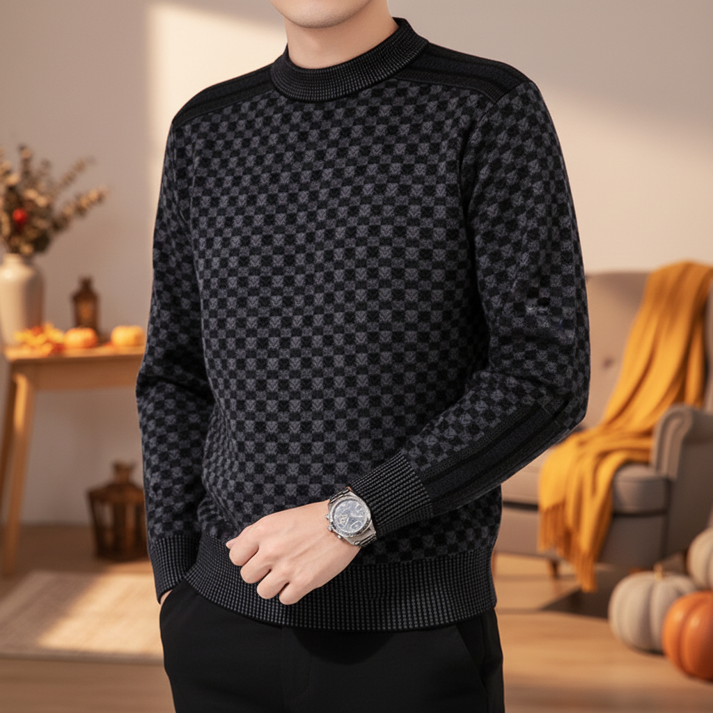 Herresweater med rund hals og tryk samt ribkant