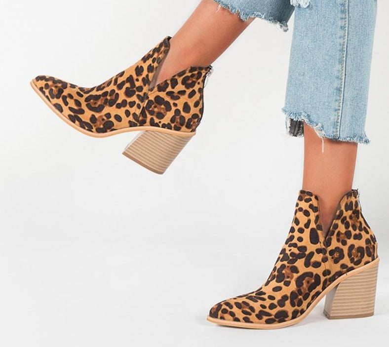 Botins de cowboy com salto para mulher – Estilo western estampado com salto grosso para o dia a dia casual e serões
