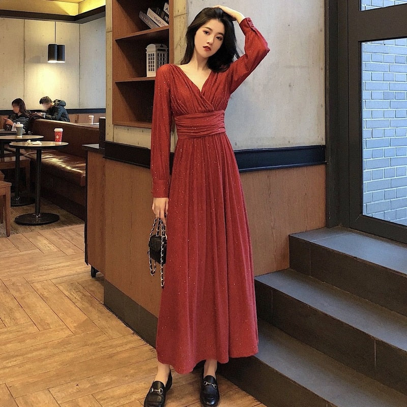 Vestido de noche largo con brillo para mujer, manga larga, corte fluido y maxi