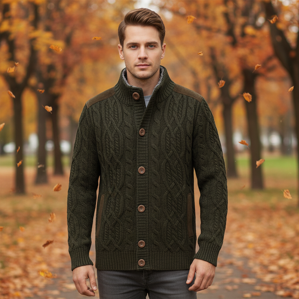 Herre kabelstrikket cardigan med knapper og ståkrave