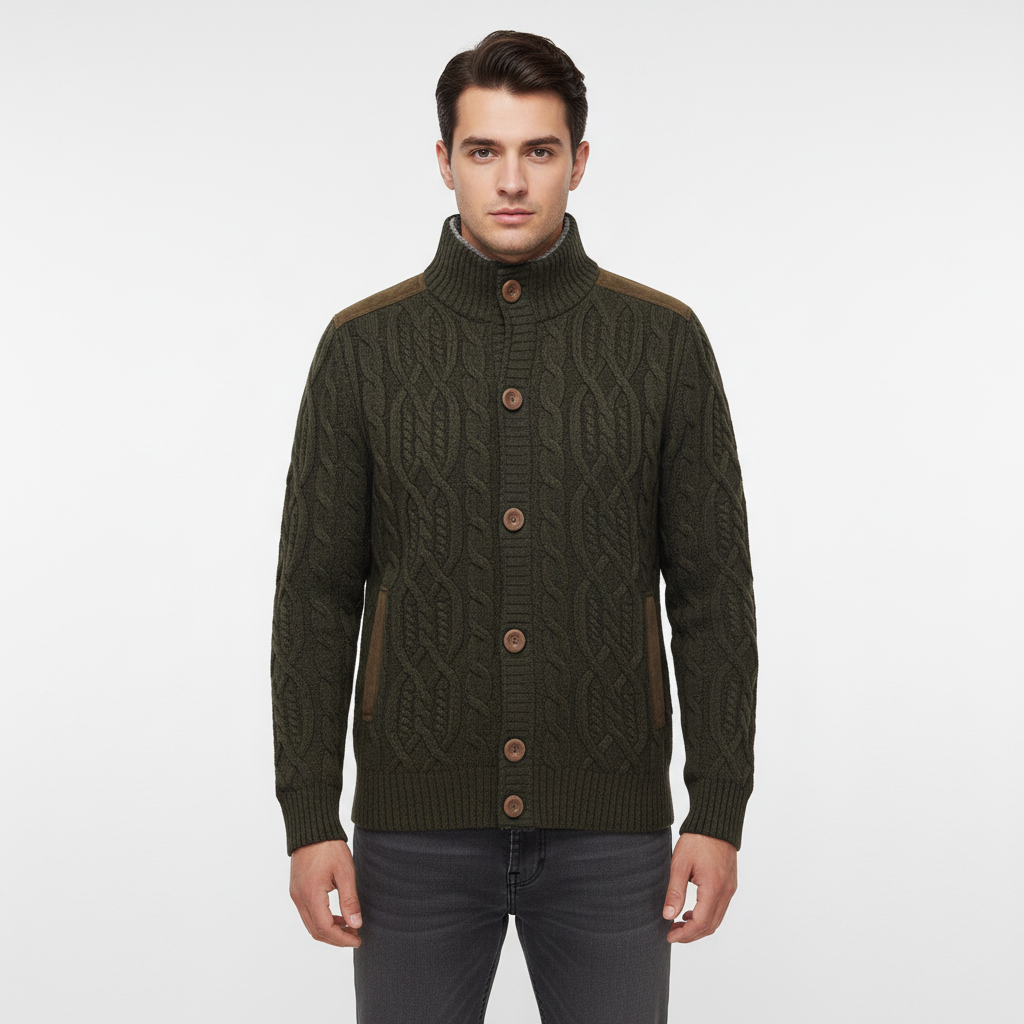 Herre kabelstrikket cardigan med knapper og ståkrave