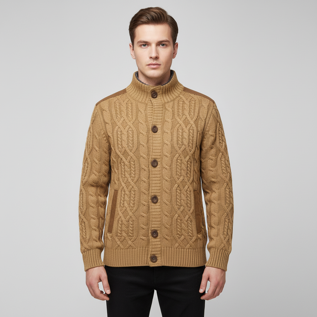 Herre kabelstrikket cardigan med knapper og ståkrave