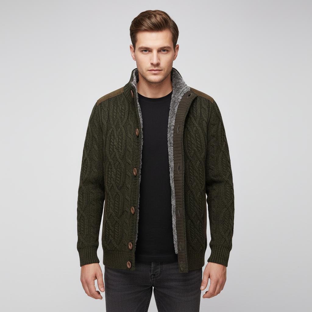 Herre kabelstrikket cardigan med knapper og ståkrave